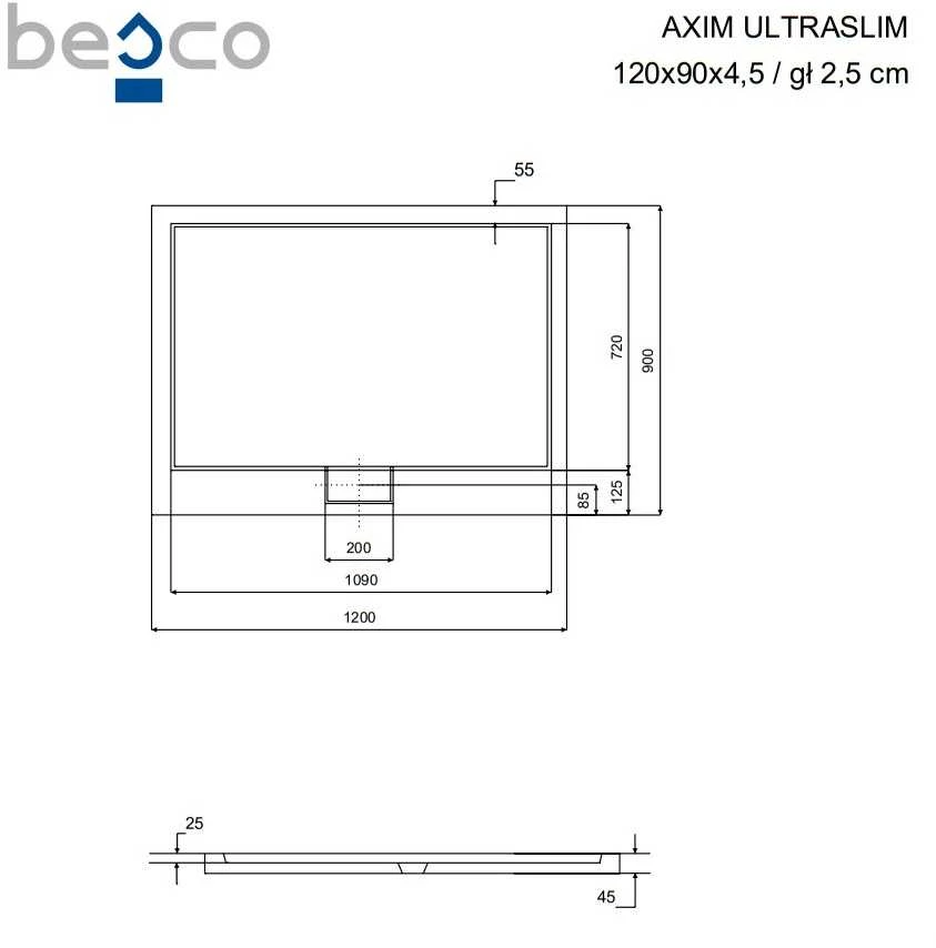 Stačiakampis dušo padėklas Besco Axim UltraSlim, 120 x 90 x 4,5 cm