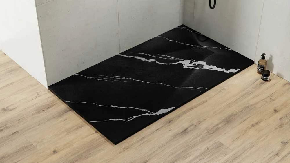 Stačiakampis dušo padėklas Besco Vexo Marble Juodas, 140 x 90 cm