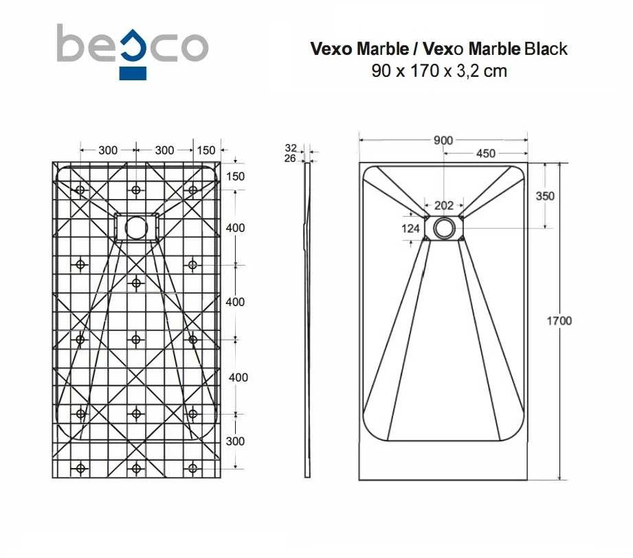 Stačiakampis dušo padėklas Besco Vexo Marble Juodas, 170 x 90 cm