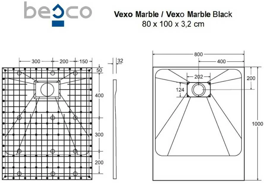 Stačiakampis dušo padėklas Besco Vexo Marble, 100 x 80 cm