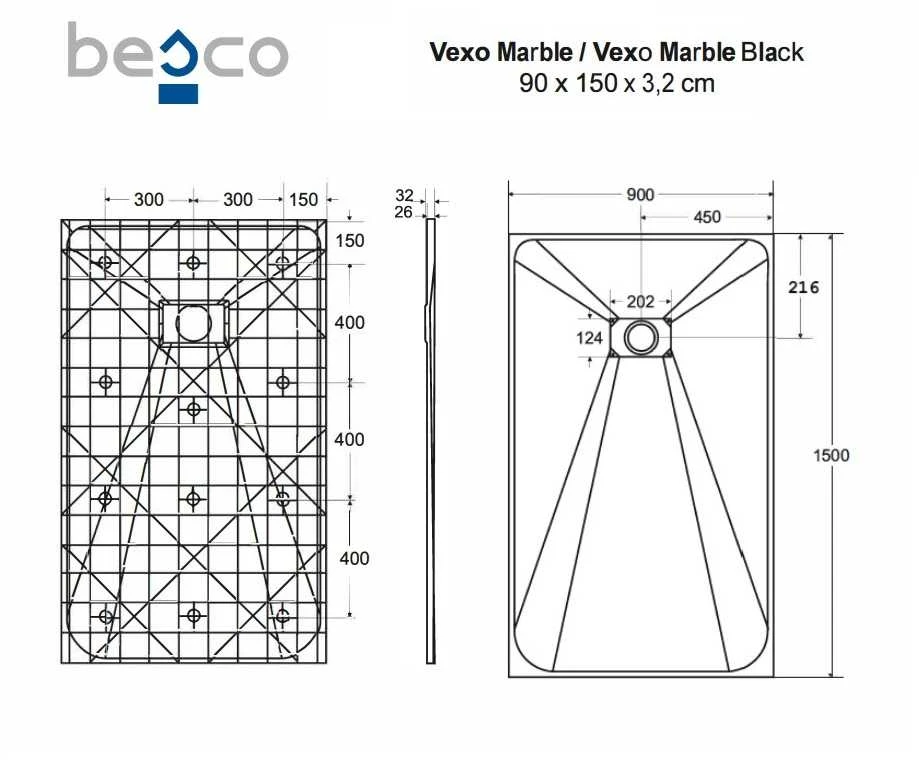Stačiakampis dušo padėklas Besco Vexo Marble, 150 x 90 cm