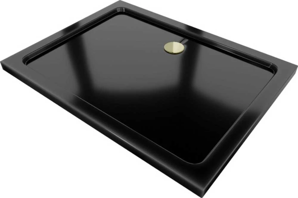 Stačiakampis dušo padėklas Mexen Flat Slim su sifonu, Juodas+Gold, 100x90 cm
