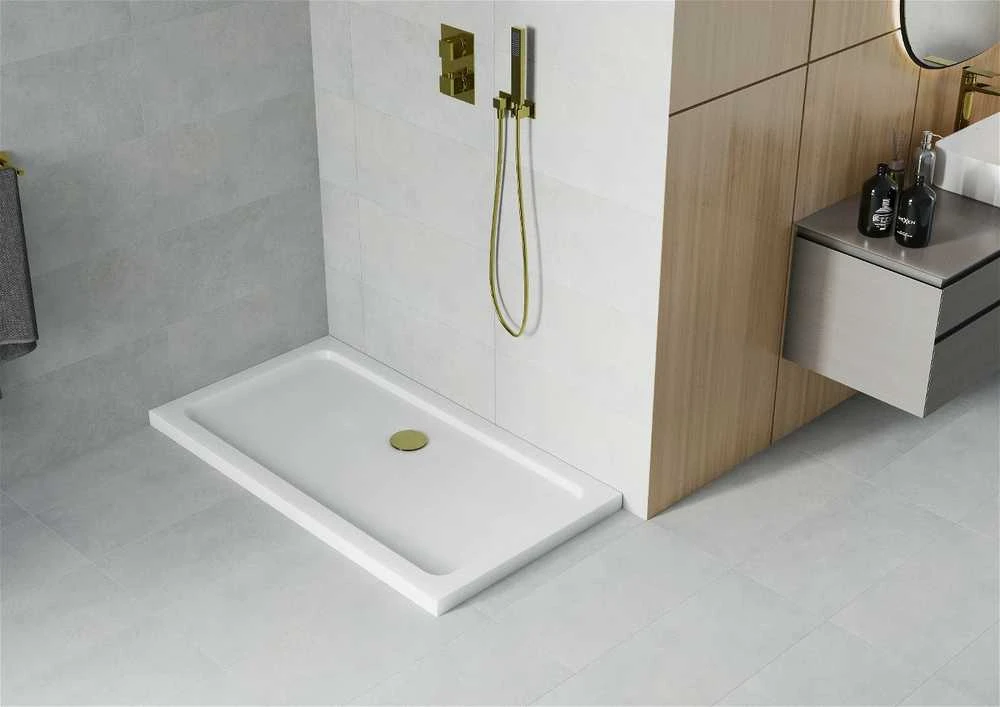 Stačiakampis dušo padėklas Mexen Flat Slim su sifonu, Baltas+Gold, 140 x 70 cm