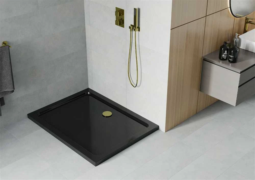 Stačiakampis dušo padėklas Mexen Flat Slim su sifonu, Juodas+Gold, 80x70 cm