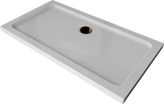 Stačiakampis dušo padėklas Mexen Flat Slim su sifonu, Baltas+Gold, 130 x 70 cm