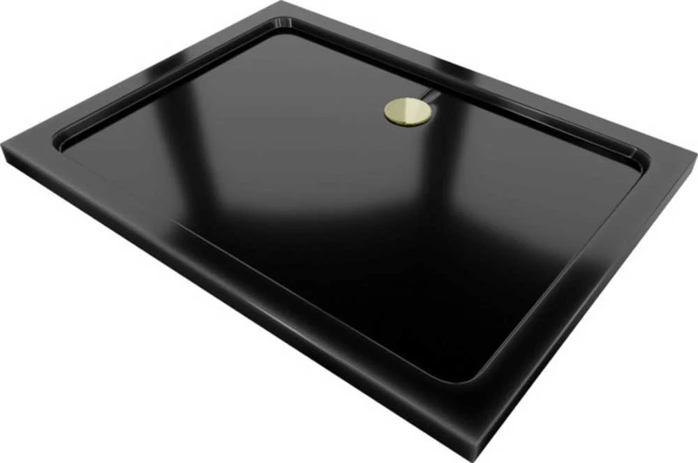 Stačiakampis dušo padėklas Mexen Flat Slim su sifonu, Juodas+Gold, 80x70 cm