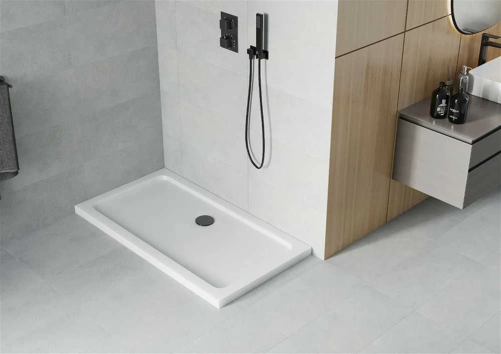 Stačiakampis dušo padėklas Mexen Flat Slim su sifonu, Baltas+Juodas, 80 x 70 cm