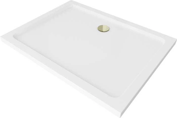 Stačiakampis dušo padėklas Mexen Flat Slim su sifonu, Baltas+Gold, 140x100 cm
