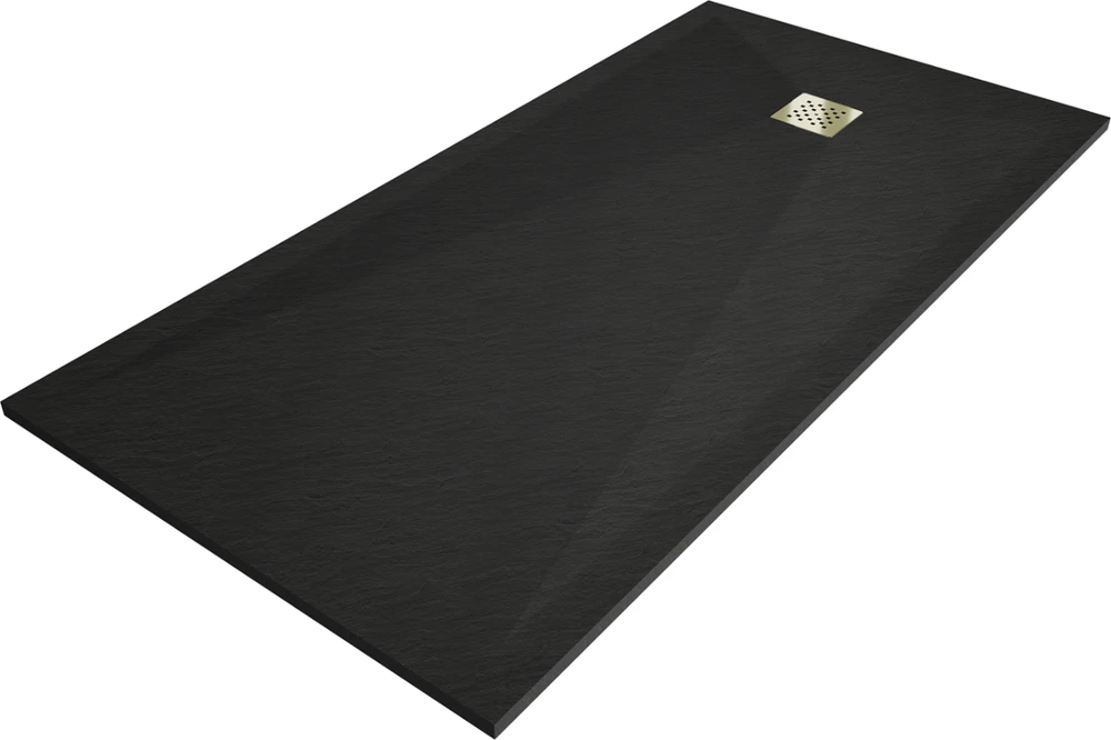 Stačiakampis dušo padėklas Mexen Stone+ su sifonu, 200 x 100 cm, Juodas+Gold