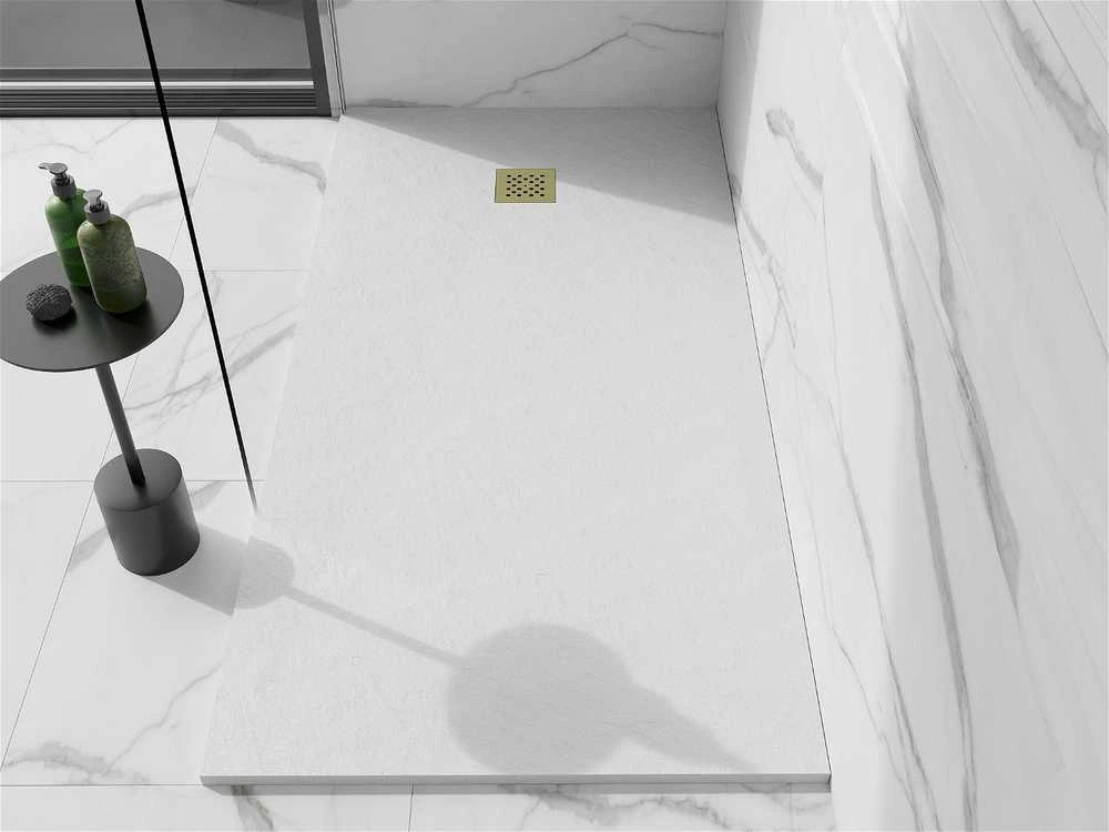 Stačiakampis dušo padėklas Mexen Stone+ su sifonu, 160 x 100 cm, Baltas+Gold