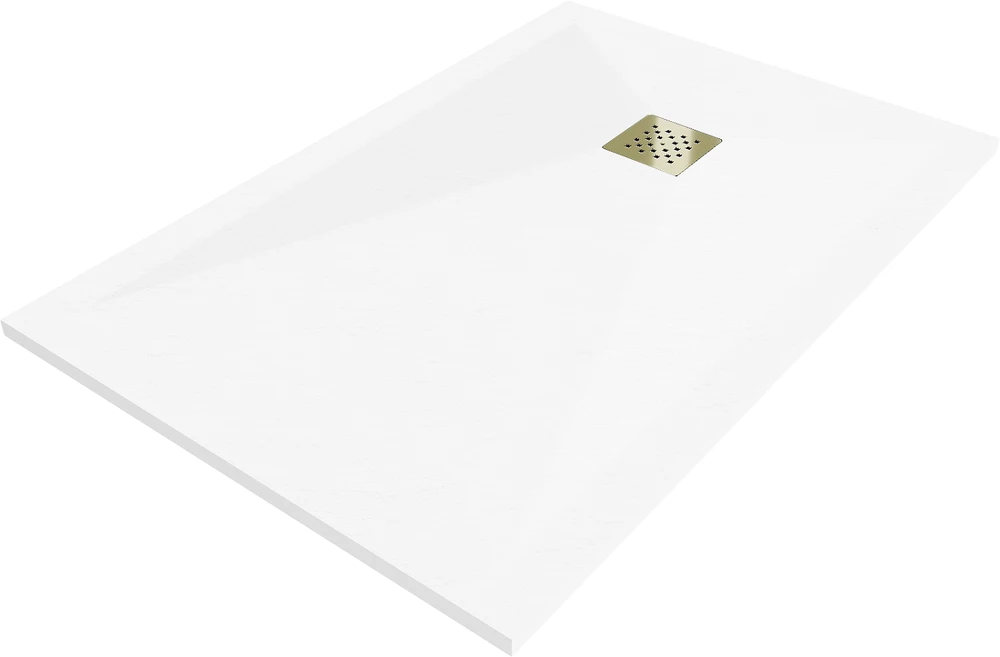 Stačiakampis dušo padėklas Mexen Stone+ su sifonu, 130 x 90 cm, Baltas+Gold
