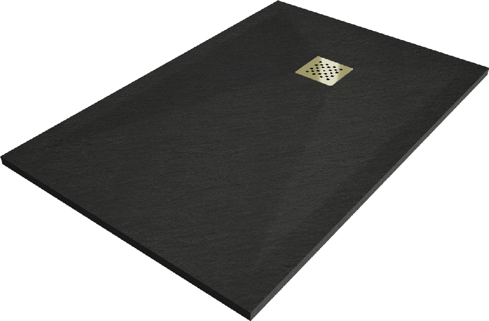 Stačiakampis dušo padėklas Mexen Stone+ su sifonu, 90 x 80 cm, Juodas+Gold
