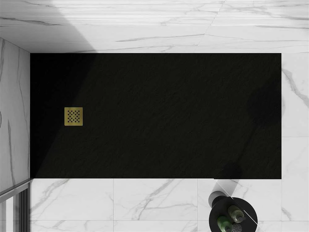 Stačiakampis dušo padėklas Mexen Stone+ su sifonu, 160 x 100 cm, Juodas+Gold