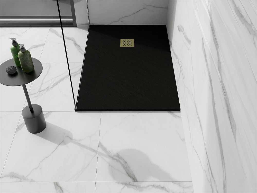 Stačiakampis dušo padėklas Mexen Stone+ su sifonu, 130 x 70 cm, Juodas+Gold