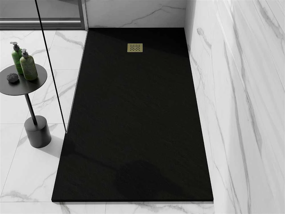 Stačiakampis dušo padėklas Mexen Stone+ su sifonu, 180 x 80 cm, Juodas+Gold
