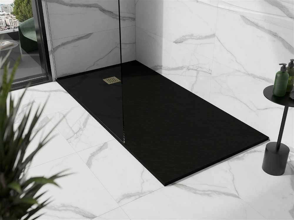 Stačiakampis dušo padėklas Mexen Stone+ su sifonu, 200 x 80 cm, Juodas+Gold