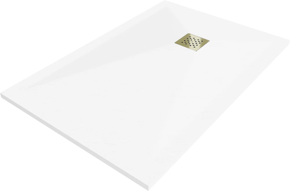 Stačiakampis dušo padėklas Mexen Stone+ su sifonu, 140 x 70 cm, Baltas+Gold