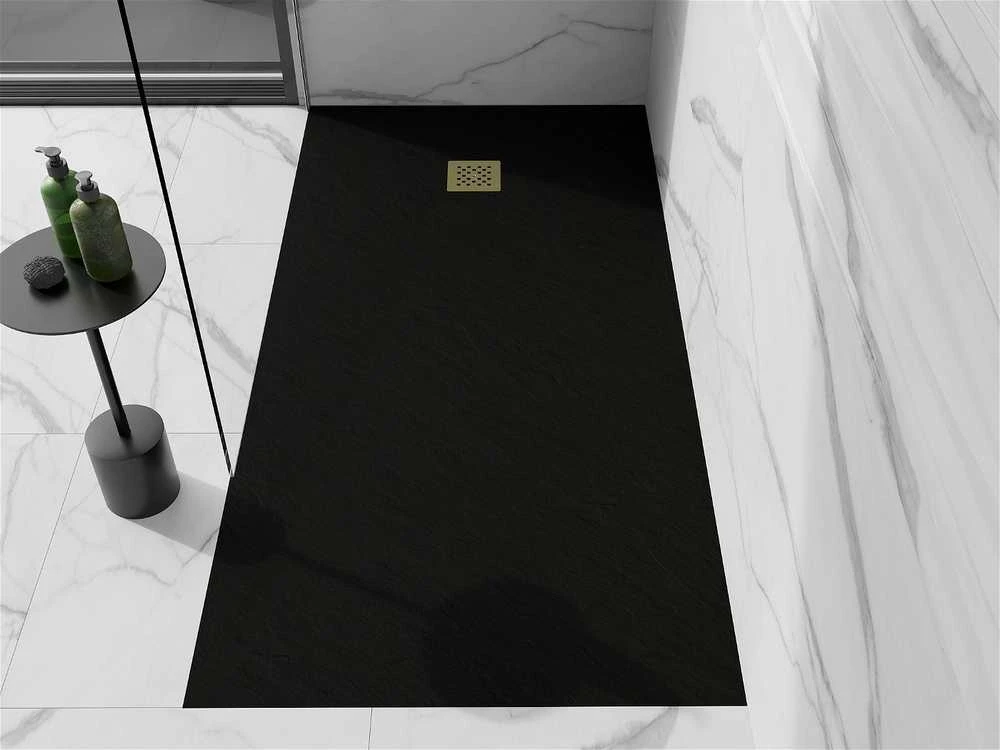 Stačiakampis dušo padėklas Mexen Stone+ su sifonu, 200 x 80 cm, Juodas+Gold