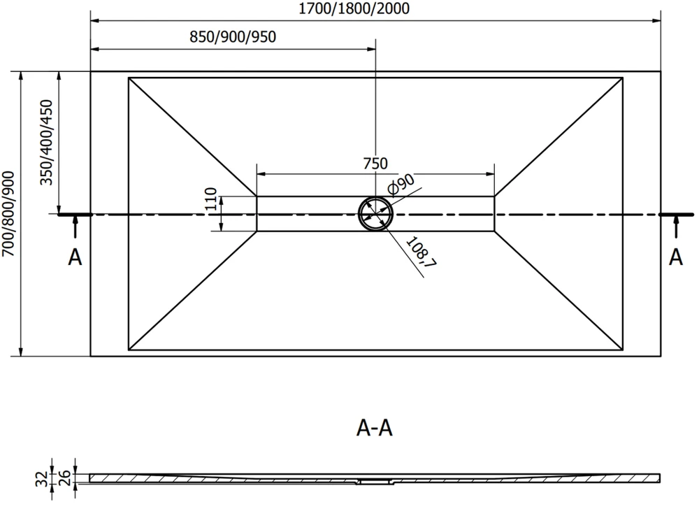 Stačiakampis dušo padėklas Mexen Toro SMC su sifonu, 180 x 90 cm, Baltas+Gold