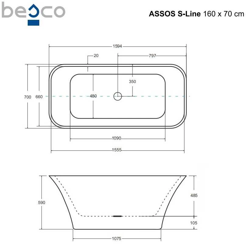 Vonia Besco Assos S-Line, 160 x 70 cm, su klik-klak gun metal valomu iš viršaus