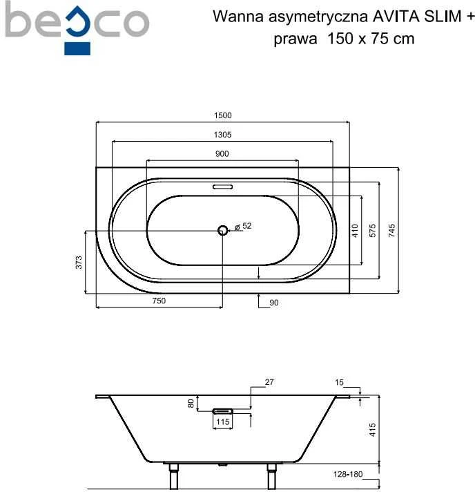 Vonia Besco Avita Slim+, 150 x 75 cm, dešininė, su aukso spalvos sifonu