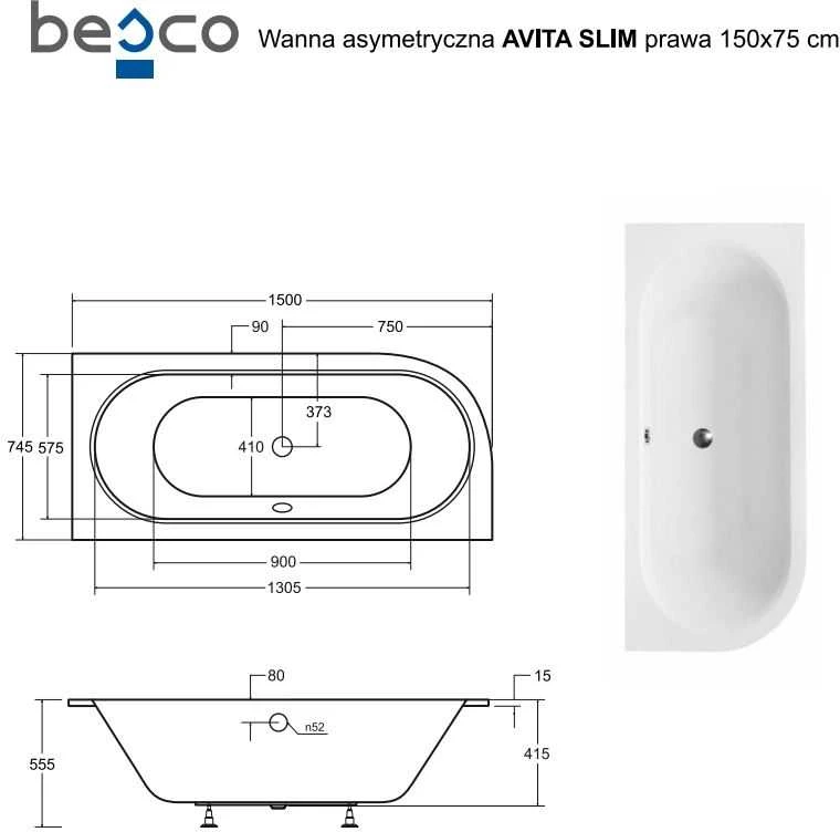 Vonia Besco Avita Slim, 150 x 75 cm, dešininė