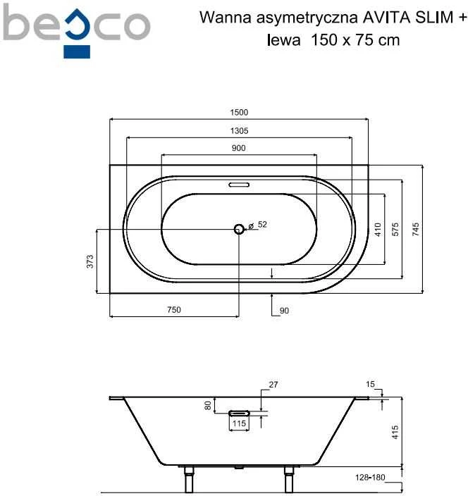 Vonia Besco Avita Slim+, 150 x 75 cm, kairinė, su chrome sifonu