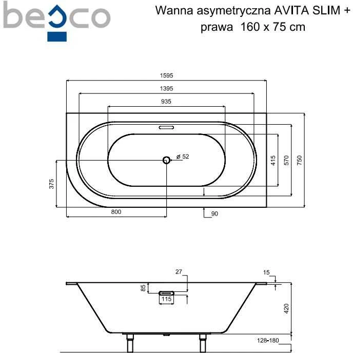 Vonia Besco Avita Slim+, 160 x 75 cm, dešininė, su chrome sifonu