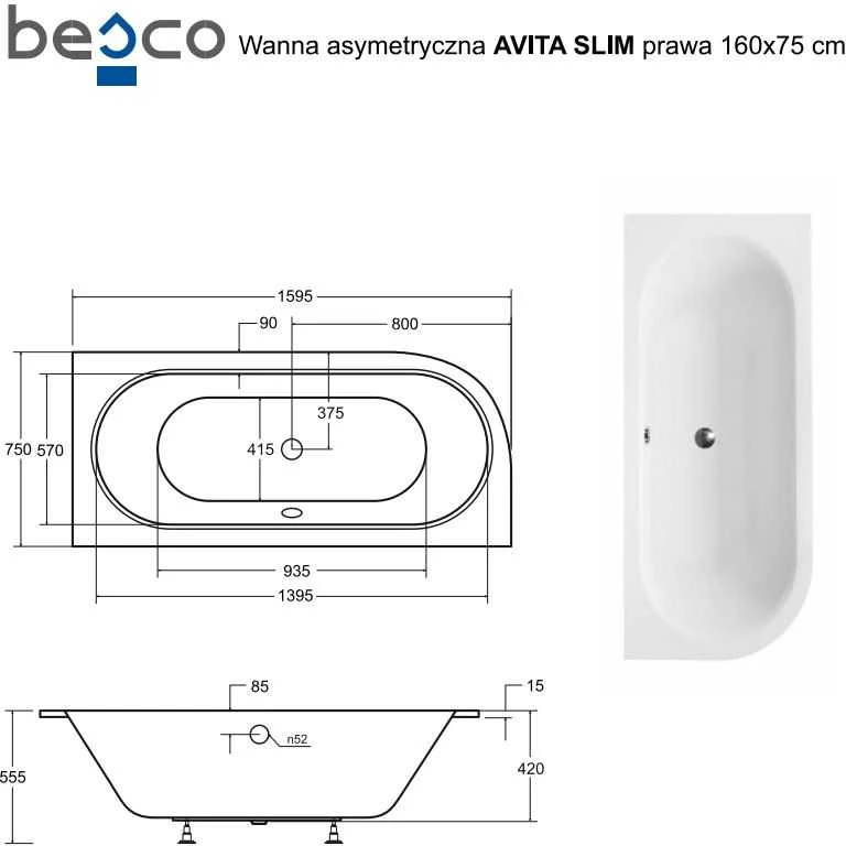 Vonia Besco Avita Slim, 160 x 75 cm, dešininė