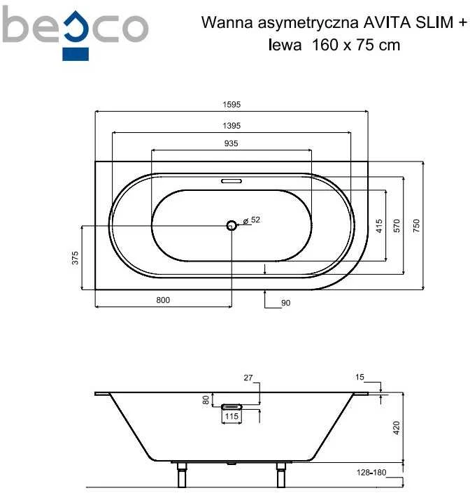 Vonia Besco Avita Slim+, 160 x 75 cm, kairinė, su chrome sifonu