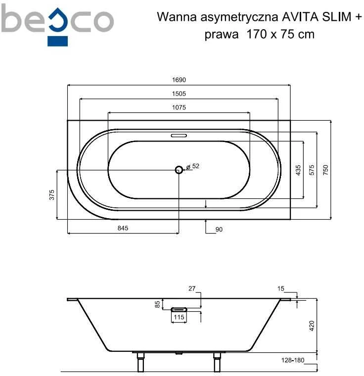 Vonia Besco Avita Slim+, 170 x 75 cm, dešininė, su aukso spalvos sifonu