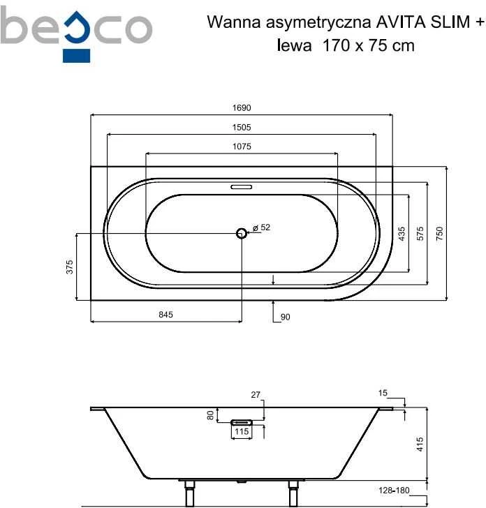 Vonia Besco Avita Slim+, 170 x 75 cm, kairinė, su aukso spalvos sifonu
