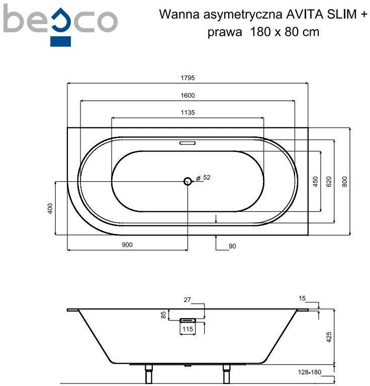 Vonia Besco Avita Slim+, 180 x 80 cm, dešininė, su aukso spalvos sifonu