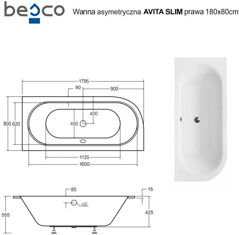 Vonia Besco Avita Slim, 180 x 80 cm, dešininė