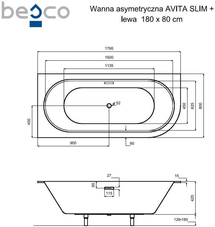 Vonia Besco Avita Slim+, 180 x 80 cm, kairinė, su aukso spalvos sifonu