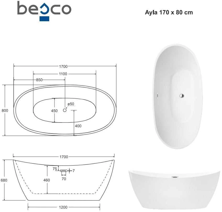 Vonia Besco Ayla, 170 x 80 cm, su chrome sifonu
