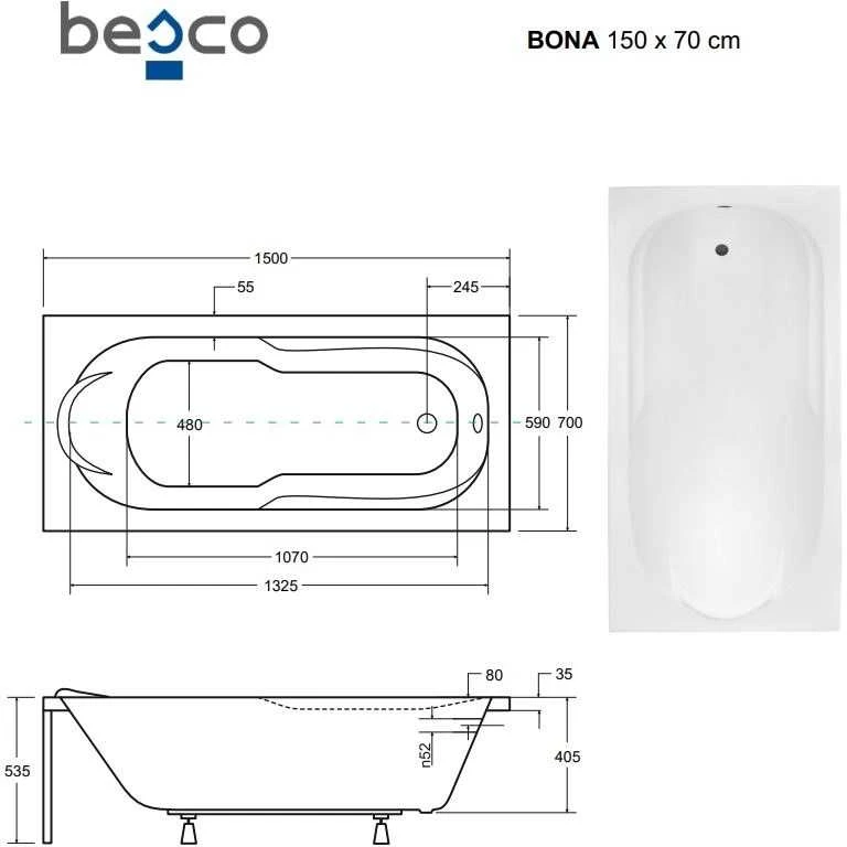 Vonia Besco Bona, 150 x 70 cm, su juoda apdaila