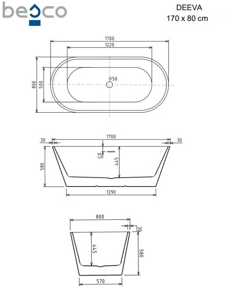 Vonia Besco Deeva Glam Graphite, 170 x 80 cm, su chrome sifonu