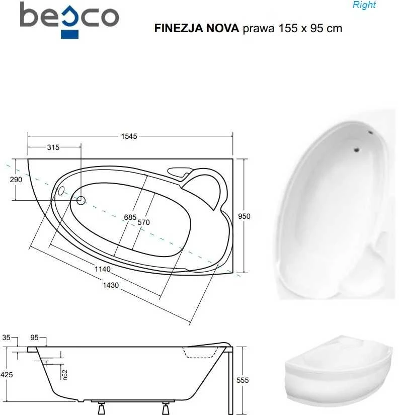 Vonia Besco Finezja Nova, 155 x 95 cm, dešininė