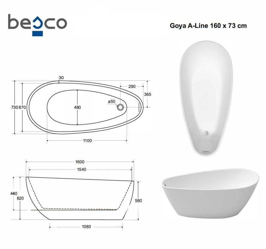 Vonia Besco Goya A-Line, 160 x 73 cm (sifono su persipylimu dangtelis aukso spalvos)
