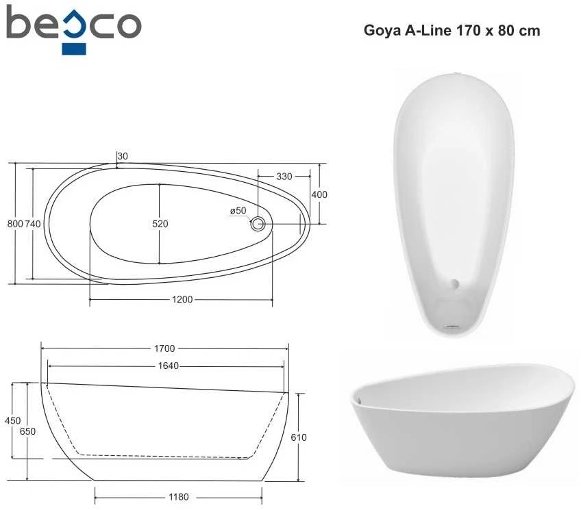 Vonia Besco Goya A-Line, 170 x 80 cm (sifonas su persipylimu chrome)