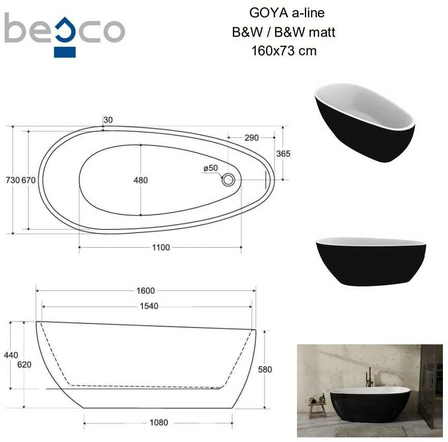 Vonia Besco Goya A-Line Juodas&Baltas Matt, 160 x 73 cm (sifonas su persipylimu chrome)