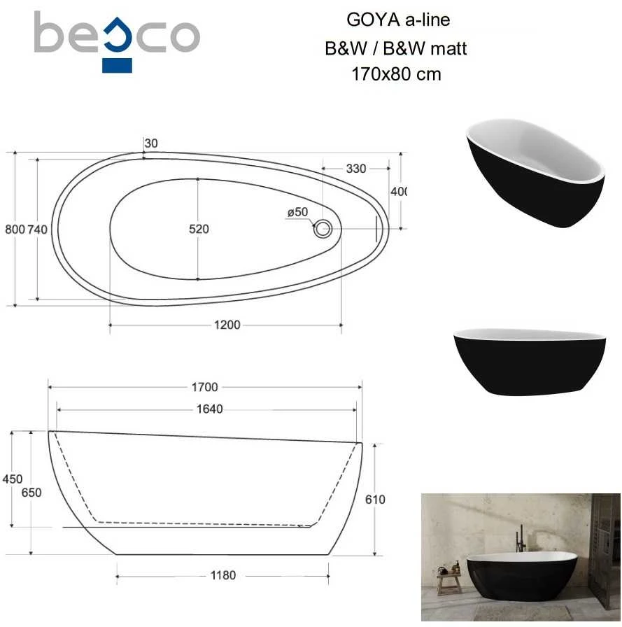 Vonia Besco Goya A-Line Juodas&Baltas Matt, 170 x 80 cm (sifono su persipylimu dangtelis aukso spalvos)
