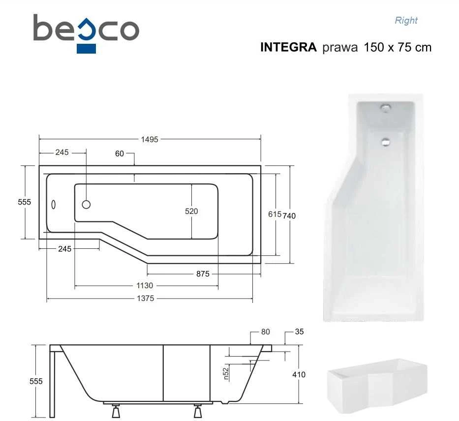Vonia Besco Integra, 150 x 75 cm, dešininė, su 2 dalių stiklo sienele