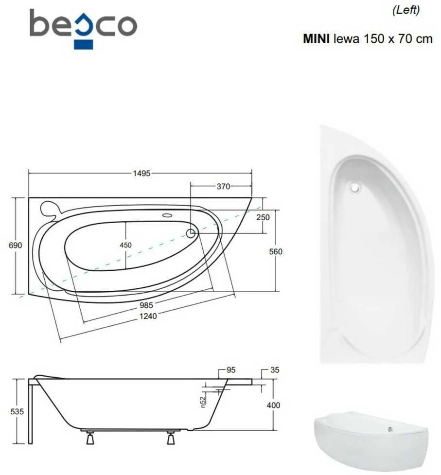 Vonia Besco Mini, 150 x 70 cm, kairinė, su juoda apdaila