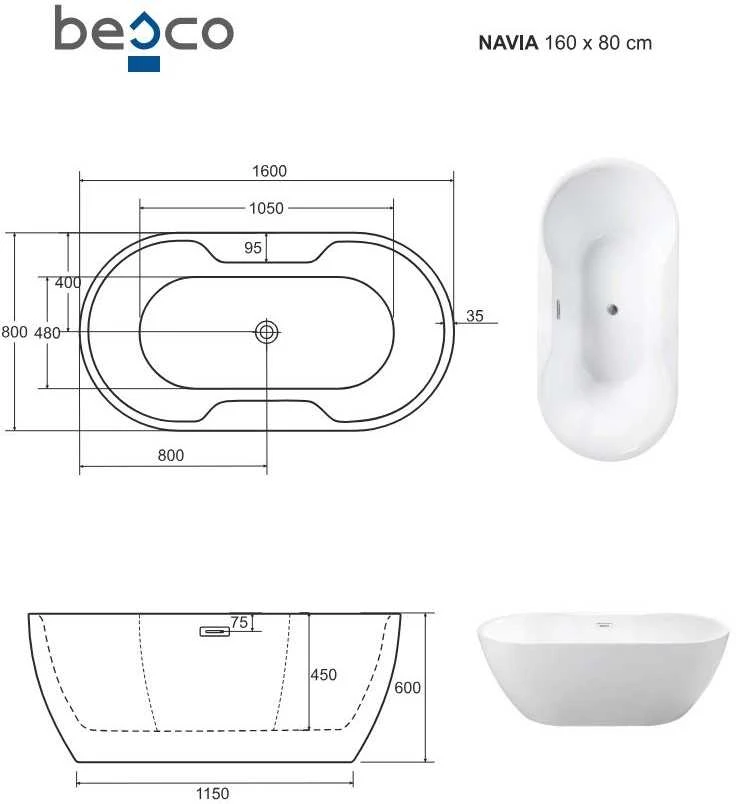 Vonia Besco Navia, 160 x 80 cm, su chrome sifonu
