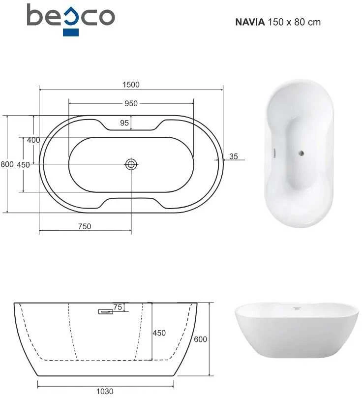 Vonia Besco Navia Glam Graphite, 150 x 80 cm, su chrome sifonu