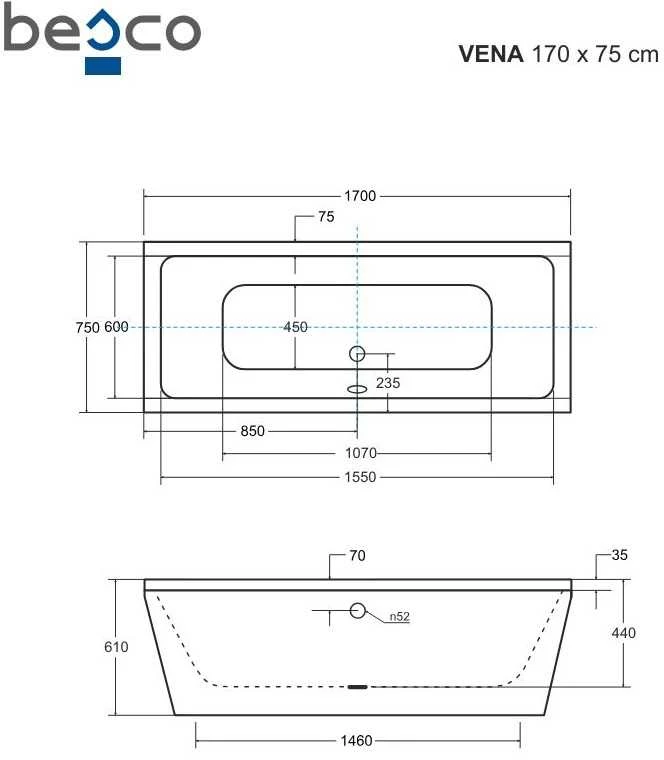 Vonia Besco Vena, 170 x 75 cm, su chrome sifonu su persipylimu slim