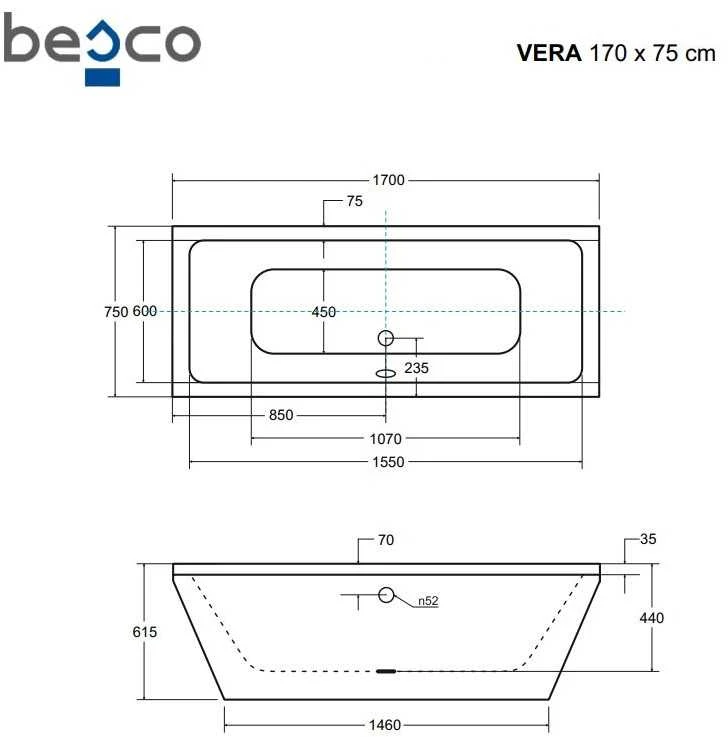 Vonia Besco Vera, 170 x 75 cm, su sifonu su pripildymu juodu