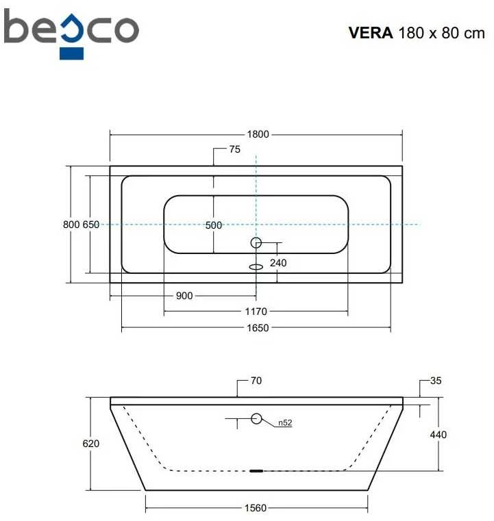 Vonia Besco Vera, 180 x 80 cm, su sifonu su persipylimu slim juodu